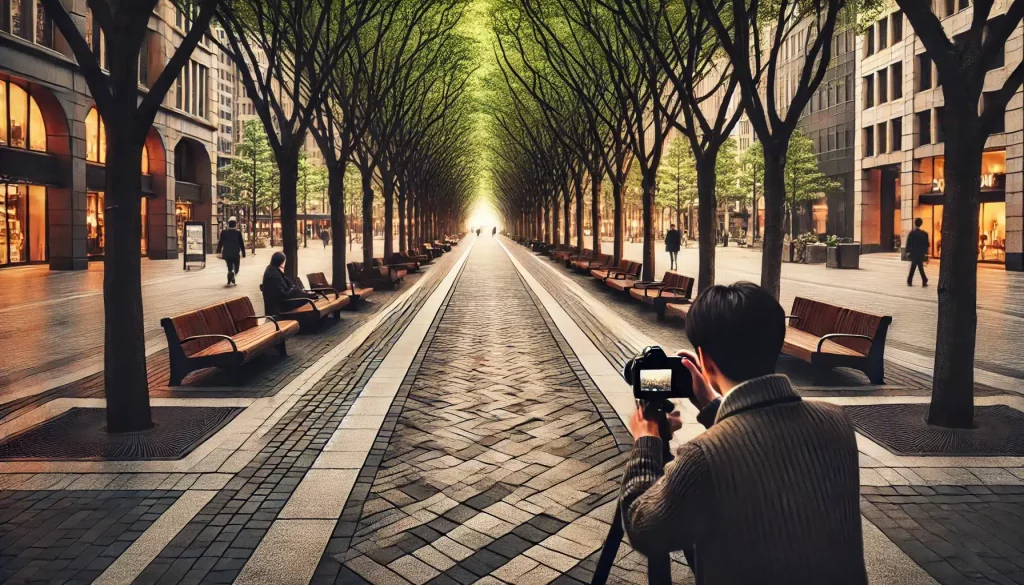 Street view with man using a camera to capture line of trees with light in distance.